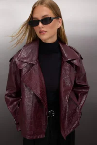 TRENDYOLMİLLA Burgundy Regular Pattern Faux Leather Biker Thin Jacket Coat