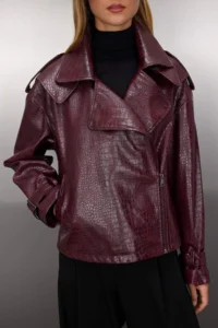 TRENDYOLMİLLA Burgundy Regular Pattern Faux Leather Biker Thin Jacket Coat - Image 3