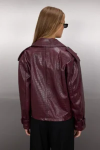 TRENDYOLMİLLA Burgundy Regular Pattern Faux Leather Biker Thin Jacket Coat - Image 4