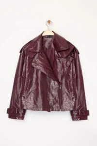 TRENDYOLMİLLA Burgundy Regular Pattern Faux Leather Biker Thin Jacket Coat - Image 5