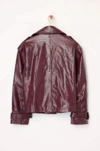 TRENDYOLMİLLA Burgundy Regular Pattern Faux Leather Biker Thin Jacket Coat - Image 7