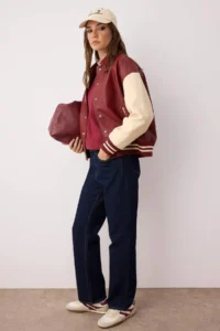 TRENDYOLMİLLA Burgundy-Cream Oversized Pattern Faux Leather College Bomber Jacket Jacket Coat - Image 2