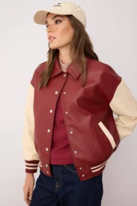 TRENDYOLMİLLA Burgundy-Cream Oversized Pattern Faux Leather College Bomber Jacket Jacket Coat - Image 3