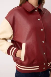 TRENDYOLMİLLA Burgundy-Cream Oversized Pattern Faux Leather College Bomber Jacket Jacket Coat - Image 4