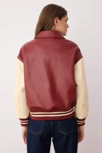 TRENDYOLMİLLA Burgundy-Cream Oversized Pattern Faux Leather College Bomber Jacket Jacket Coat - Image 5