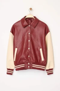 TRENDYOLMİLLA Burgundy-Cream Oversized Pattern Faux Leather College Bomber Jacket Jacket Coat - Image 6