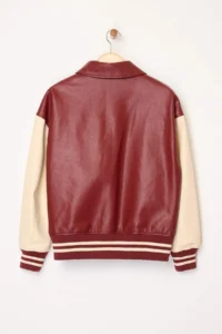TRENDYOLMİLLA Burgundy-Cream Oversized Pattern Faux Leather College Bomber Jacket Jacket Coat - Image 8