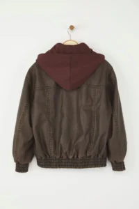 TRENDYOLMİLLA Brown Oversized removable Hooded Eskitme Efektli Faux Leather Bomber Jacket Coat - Image 6
