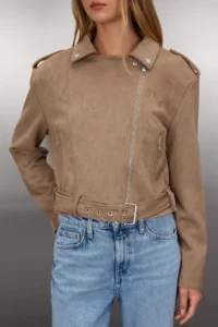 TRENDYOLMİLLA Mink Regular Pattern Suede Biker Thin Jacket Coat - Image 3
