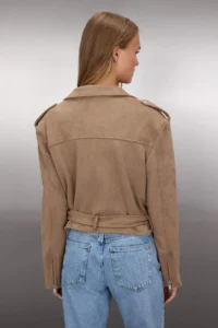 TRENDYOLMİLLA Mink Regular Pattern Suede Biker Thin Jacket Coat - Image 4