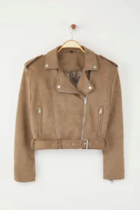 TRENDYOLMİLLA Mink Regular Pattern Suede Biker Thin Jacket Coat - Image 5