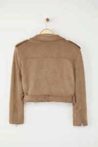 TRENDYOLMİLLA Mink Regular Pattern Suede Biker Thin Jacket Coat - Image 6