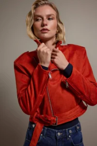 TRENDYOLMİLLA Red Regular Pattern Suede Biker Thin Jacket Coat