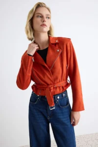TRENDYOLMİLLA Red Regular Pattern Suede Biker Thin Jacket Coat - Image 2