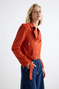 TRENDYOLMİLLA Red Regular Pattern Suede Biker Thin Jacket Coat - Image 3