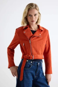 TRENDYOLMİLLA Red Regular Pattern Suede Biker Thin Jacket Coat - Image 4