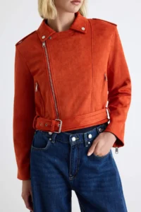 TRENDYOLMİLLA Red Regular Pattern Suede Biker Thin Jacket Coat - Image 5