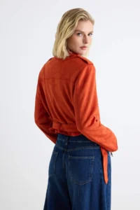 TRENDYOLMİLLA Red Regular Pattern Suede Biker Thin Jacket Coat - Image 6