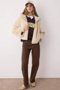 TRENDYOLMİLLA Ecru Oversized Pattern Sleeves Wide Fur Coat - Image 2