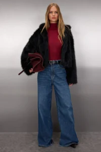 TRENDYOLMİLLA Black Oversized Pattern Hooded Fur Coat - Image 2