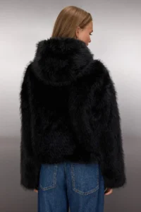 TRENDYOLMİLLA Black Oversized Pattern Hooded Fur Coat - Image 5