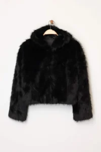 TRENDYOLMİLLA Black Oversized Pattern Hooded Fur Coat - Image 6