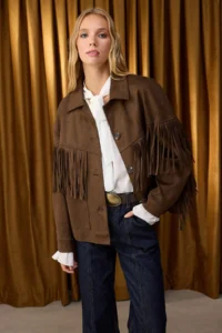 TRENDYOLMİLLA Special Collection Brown Oversized Pattern Tassel Detailed Suede Thin Jacket Coat