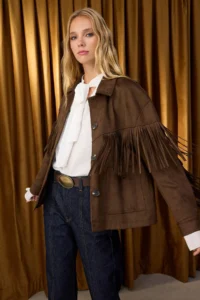 TRENDYOLMİLLA Special Collection Brown Oversized Pattern Tassel Detailed Suede Thin Jacket Coat - Image 2