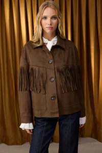 TRENDYOLMİLLA Special Collection Brown Oversized Pattern Tassel Detailed Suede Thin Jacket Coat - Image 3