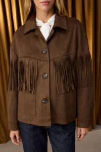 TRENDYOLMİLLA Special Collection Brown Oversized Pattern Tassel Detailed Suede Thin Jacket Coat - Image 4