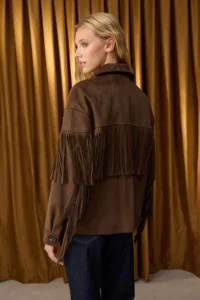 TRENDYOLMİLLA Special Collection Brown Oversized Pattern Tassel Detailed Suede Thin Jacket Coat - Image 5