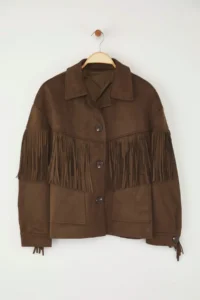 TRENDYOLMİLLA Special Collection Brown Oversized Pattern Tassel Detailed Suede Thin Jacket Coat - Image 6