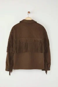 TRENDYOLMİLLA Special Collection Brown Oversized Pattern Tassel Detailed Suede Thin Jacket Coat - Image 8