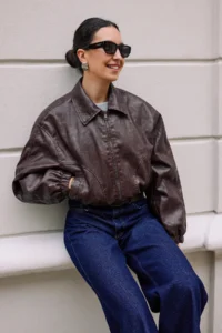 TRENDYOLMİLLA Brown Oversized Pattern Faux Leather Quilted Bomber Jacket Jacket Coat - Image 2