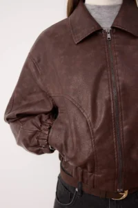 TRENDYOLMİLLA Brown Oversized Pattern Faux Leather Quilted Bomber Jacket Jacket Coat - Image 5