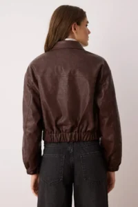 TRENDYOLMİLLA Brown Oversized Pattern Faux Leather Quilted Bomber Jacket Jacket Coat - Image 6