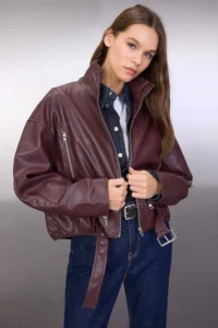 TRENDYOLMİLLA Brown Oversized Pattern Faux Leather Bomber Jacket Thin Jacket Coat