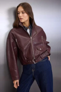 TRENDYOLMİLLA Brown Oversized Pattern Faux Leather Bomber Jacket Thin Jacket Coat - Image 2