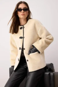 TRENDYOLMİLLA Ecru Oversized Pattern Plush Jacket Coat - Image 2