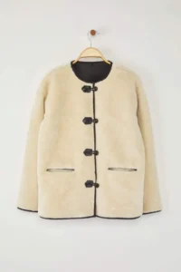 TRENDYOLMİLLA Ecru Oversized Pattern Plush Jacket Coat - Image 5