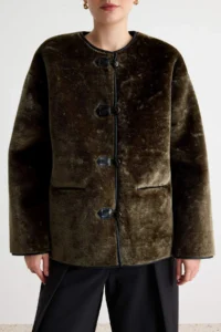 TRENDYOLMİLLA Khaki Oversized Pattern Plush Jacket Coat - Image 4