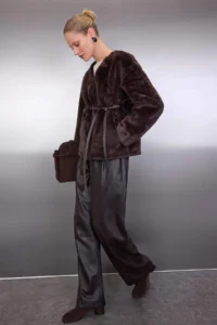 TRENDYOLMİLLA Brown Oversized Pattern Binding Detailed Plush Jacket Coat - Image 2