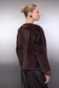 TRENDYOLMİLLA Brown Oversized Pattern Binding Detailed Plush Jacket Coat - Image 4