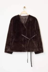 TRENDYOLMİLLA Brown Oversized Pattern Binding Detailed Plush Jacket Coat - Image 5