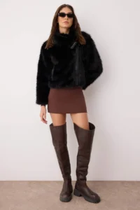 TRENDYOLMİLLA Black Regular Pattern Fur Biker Jacket Coat - Image 2