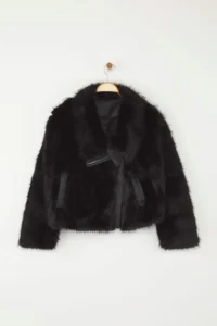 TRENDYOLMİLLA Black Regular Pattern Fur Biker Jacket Coat - Image 5