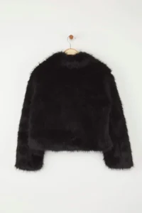 TRENDYOLMİLLA Black Regular Pattern Fur Biker Jacket Coat - Image 7