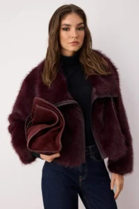 TRENDYOLMİLLA Burgundy Regular Pattern Fur Biker Jacket Coat - Image 2