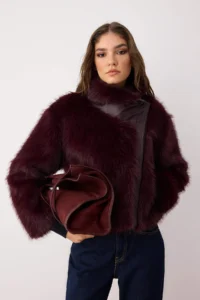 TRENDYOLMİLLA Burgundy Regular Pattern Fur Biker Jacket Coat - Image 3