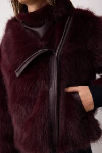 TRENDYOLMİLLA Burgundy Regular Pattern Fur Biker Jacket Coat - Image 4